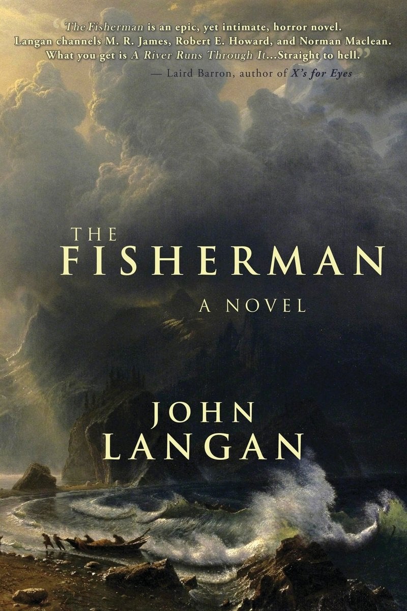 The Fisherman by John Langan's book cover depicts a painting of a stormy tide with people pulling a small boat ashore.