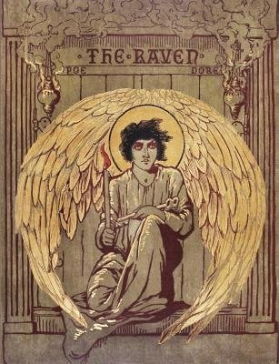 Book cover for The Raven by Edgar Allen Poe. Set on a tan background with Greek columns, a white man with dark, messy hair sits on a pedestal like a statue, wearing a nightgown and holding a torch. A halo is drawn around his head as the light focuses on two wings that flank his head.
