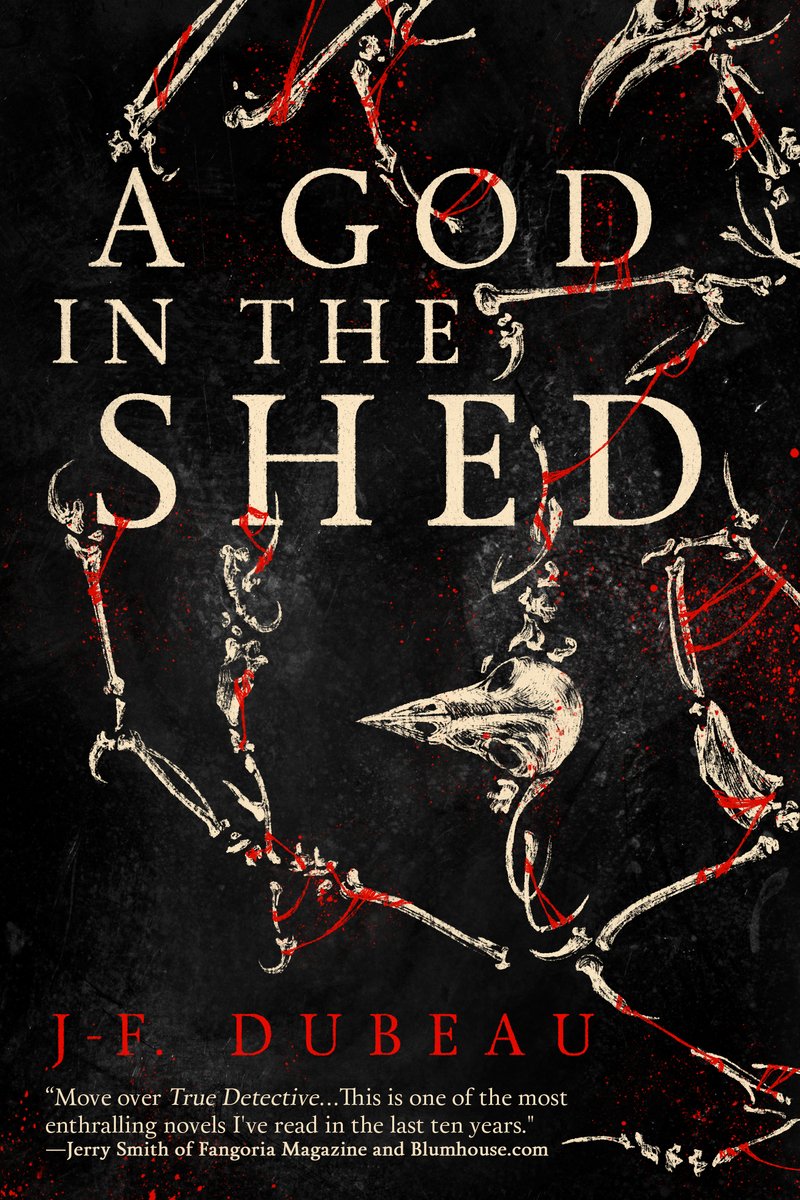 A God In The Shed by J-F. Dubeau. A horror book cover depicting bloody bones and a bird skull dangle across a black background.