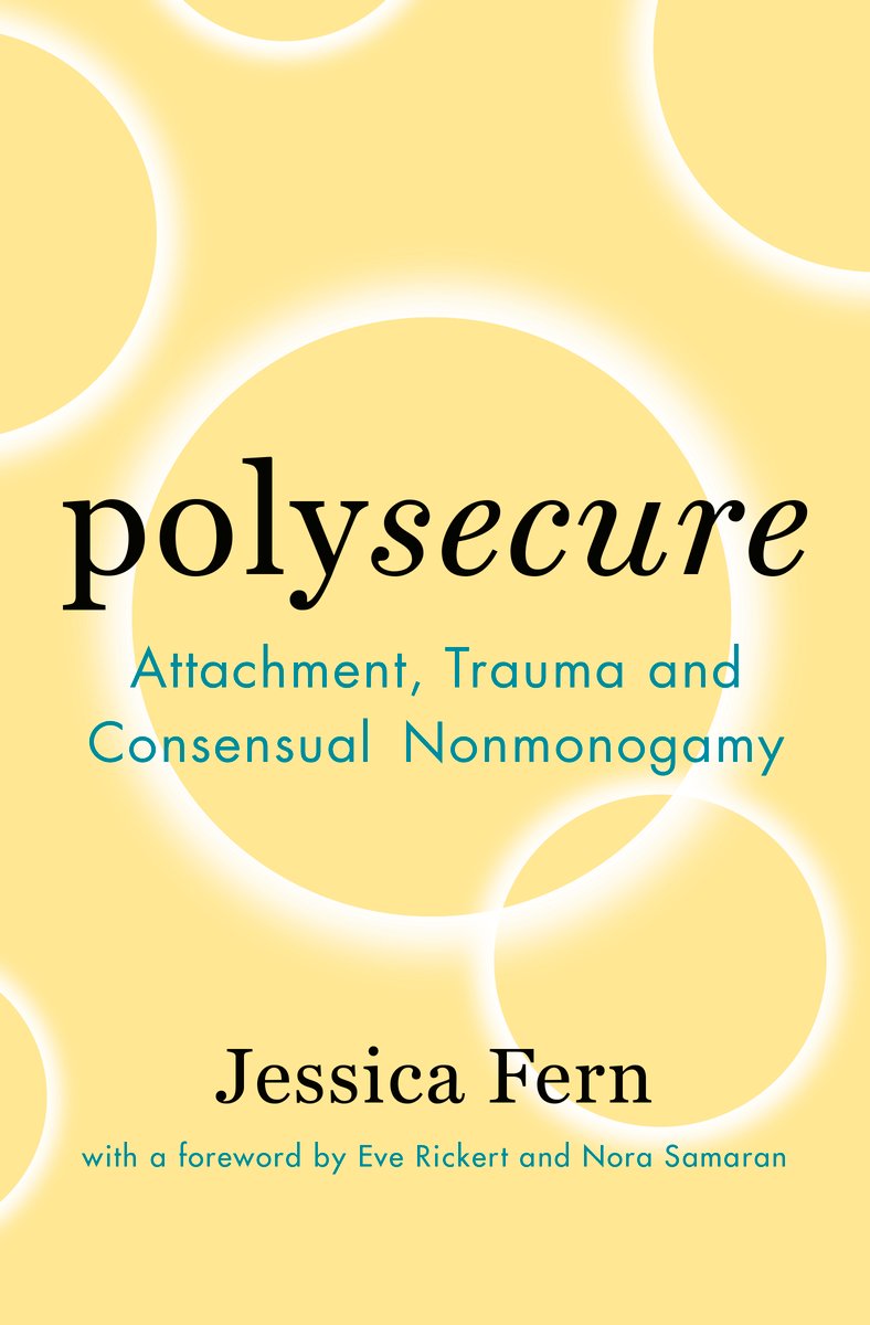 Polysecure: Attachment Trauma and Consensual Non-Monogamy by Jessica Fern, a nonfiction book cover. A baby yellow background with a white, halo-ed circle in the center, one smaller circle intersecting it, and various other circles going off the page.