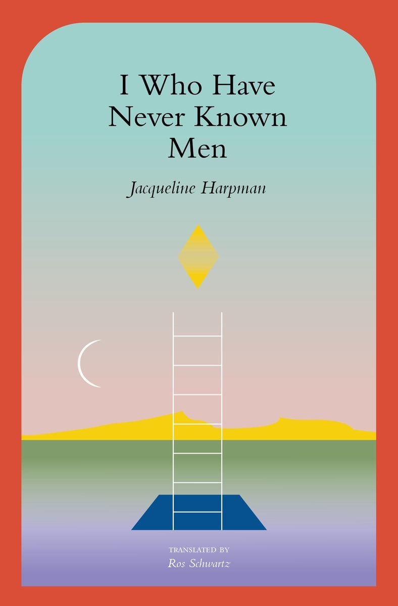 A sort of abstract cartoonish ladder peeks up from a blue square. There is a moon, yellow diamond, and yellow cliffs in the background. The title and author's name is in black.