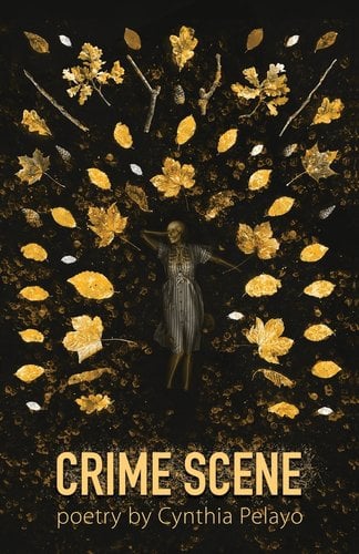 Crime Scene Book Cover by Cynthia Pelayo. Skeleton in dress surrounded by gold leaves.