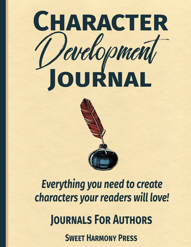 Character Development Journal by Sweet Harmony Press, a writing guide book cover with a tan-yellow background and a quill and ink in the center.