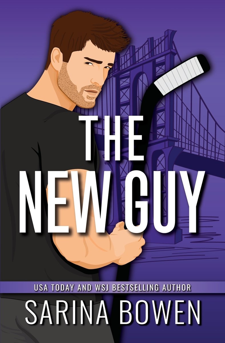 The New Guy by Sarina Bowen a hockey romance book cover depicting an illustration of a man looking over his shoulder holding a hockey stick with a purple background that shows a bridge.