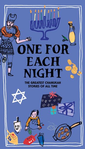 One for Each Night: The Greatest Chanukah Stories of All Time by Sholom Aleichem, Elie Wiesel, and 10 Others, book cover depicting various Jewish icons/symbols on a lavender background.