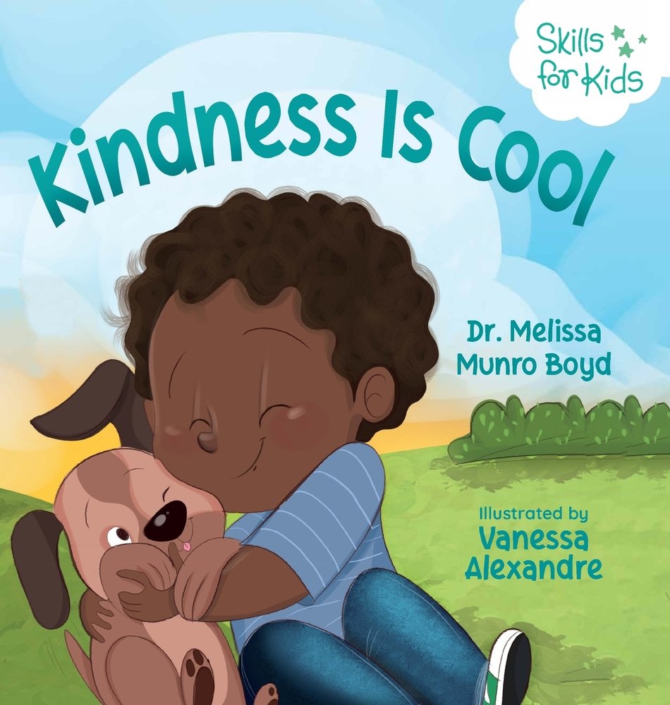 Kindness is Cool by Melissa Boyd, a children's book cover depicting a child wearing a blue striped shirt hugging a brown dog on a grassy field. The title is printed in a bold teal font.