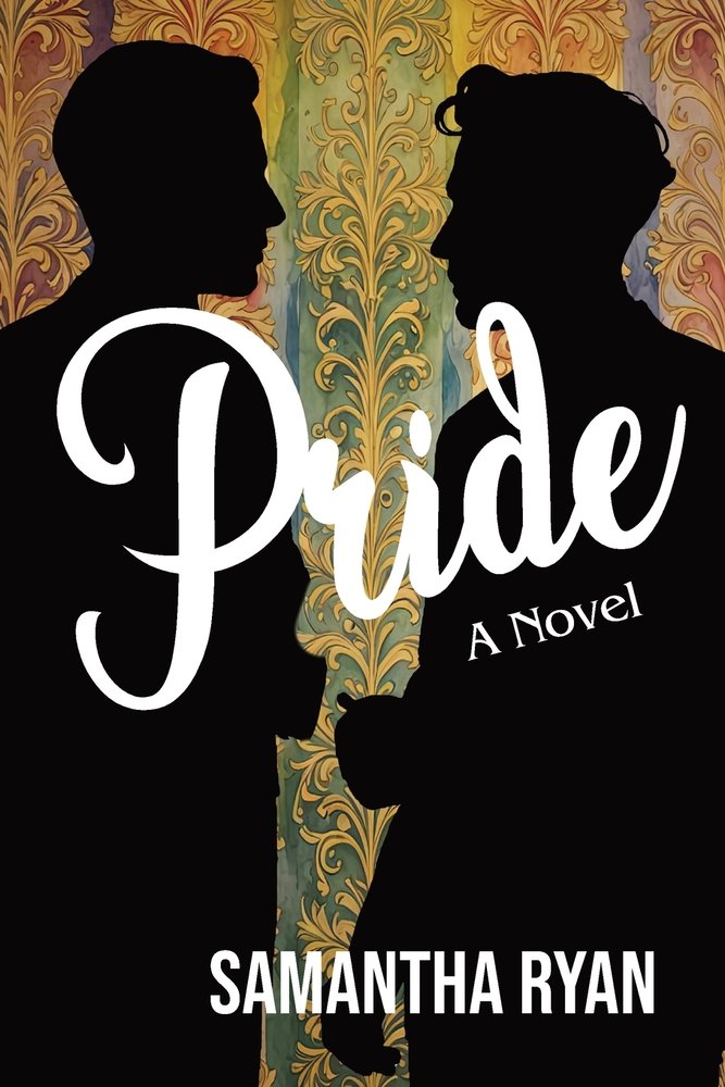 A contemporary queer retelling book cover of Pride by Samantha Ryan with the silhouette of two men standing in front of colorful filigree.