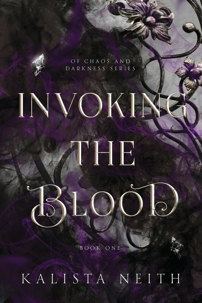 Cover of Invoking the Blood by Kalista Neith. Black background with purple and grey smoke. There is stone flowers covering the front.