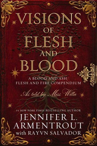 A read leather book cover with gold embossing in the corners and a brown tree in the center