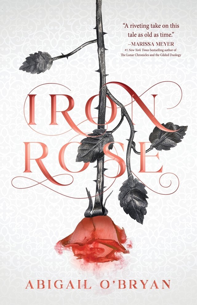 Iron Rose by Abigail O'Bryan, book cover. White background with an upside down red rose with a dark gray stem.
