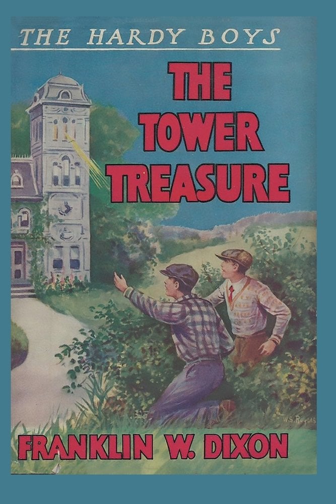 The Tower Treasure by Franklin W. Dixon, book cover. Two boys point to a gray stone tower in the distance, all set on a dark blue background. Rocks and shrubbery surround the two boys, and the title and author name are in dark red text.