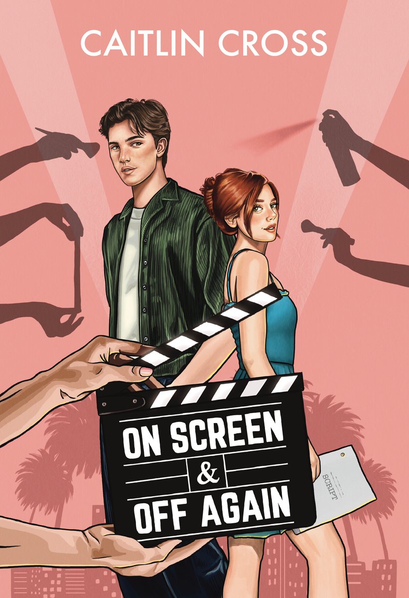 A man and a woman with silhouette hands putting on makeup, hairspray, and using measuring tape on the side of them. A pair of hands holds a black and white board with the title "On Screen & Off Again" by Caitlin Cross.