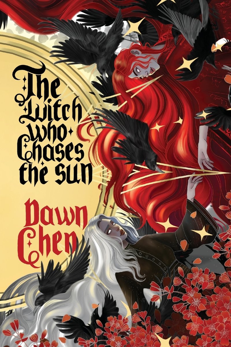 The Witch Who Chases the Sun by Dawn Chen, a sapphic vampire Chinese fantasy novel depicting an illustration of two women reaching toward one along along the right side of the book cover.