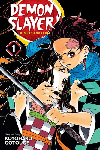 Demon Slayer: Kimetsu no Yaiba by Koyoharu Gotouge book cover with Tanjirou holding on to Nezuko and his sword while Nezuko grabs onto her brother's clothes. Nezuko as a demon has her mouth wide open, showing her man eating fangs.