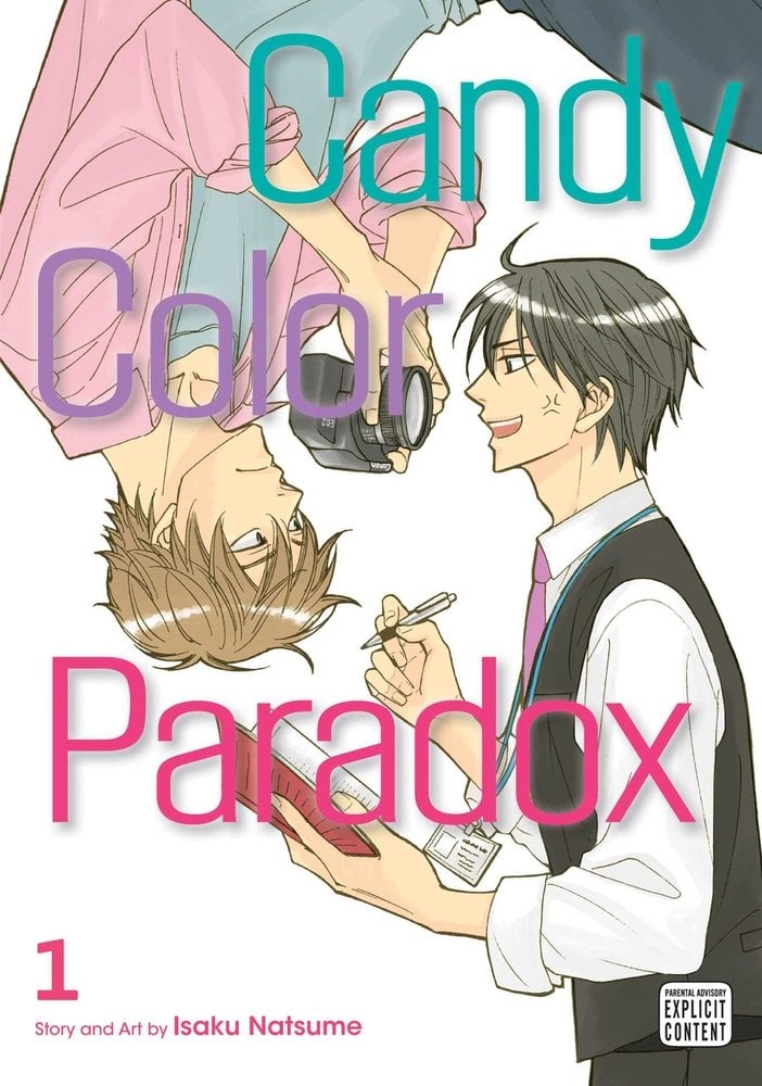 The cover of Candy Color Paradox, by Isaku Natsume, depicting two men looking at each other, One is holding a camera and the other is holding a notebook.