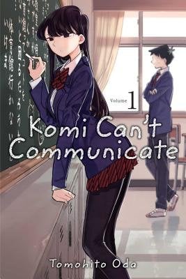 "Komi Can't Communicate" by Tomohito Oda manga book cover, depicting a schoolgirl writing on a chalkboard in a classroom, with a schoolboy standing by.