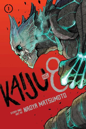 "Kaiju No. 8" by Naoya Matsumoto manga cover, featuring the profile of a gray and turquoise monster clenching its fist on a red background.