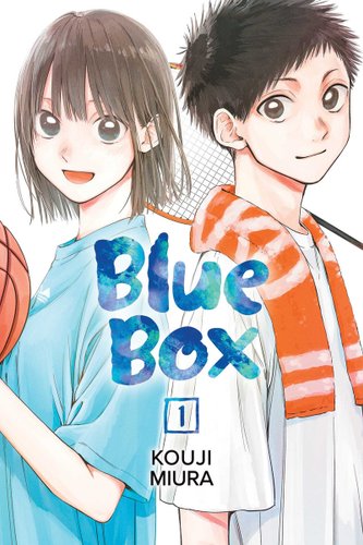 Blue Box cover, Taiki and Chinatsu smiling and holding a badminton racket and a basketball respectively.