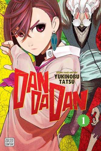 Dandadan by Yukinobu Tatsu, book cover. An anime-drawn woman with a purple bob cut raises her hand towards her face with a serious, determined face with a monster behind her.