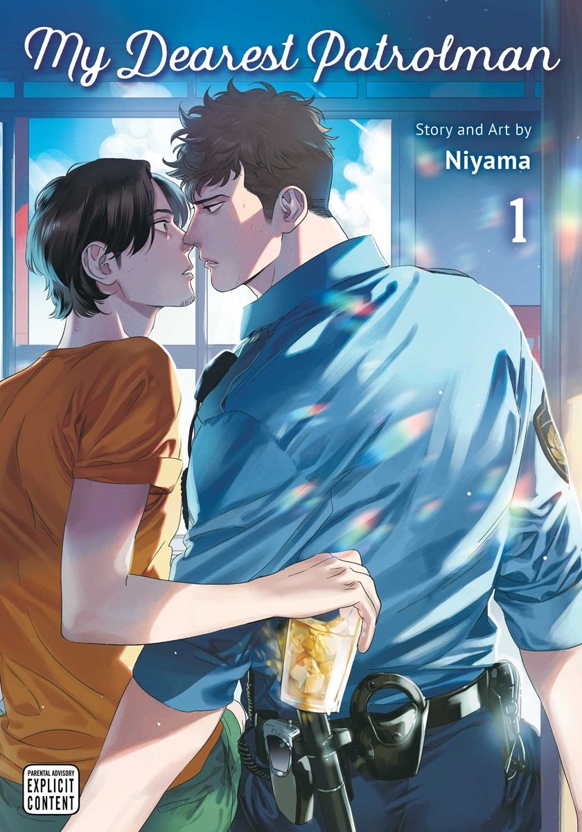 The cover of My Dearest Patrolman by Niyama depicting a man and a policeman with their faces next to each other. One man is wearing a police uniform, and the other is holding a glass.