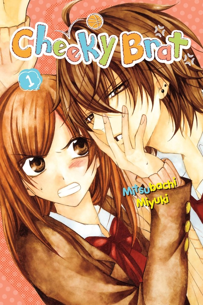 Cheeky Brat by Mitsubachi Miyuki a romance sports manga book cover depicting a girl with light brown hair, flustered and pushing away the face of a boy with medium brown hair on a pink background.