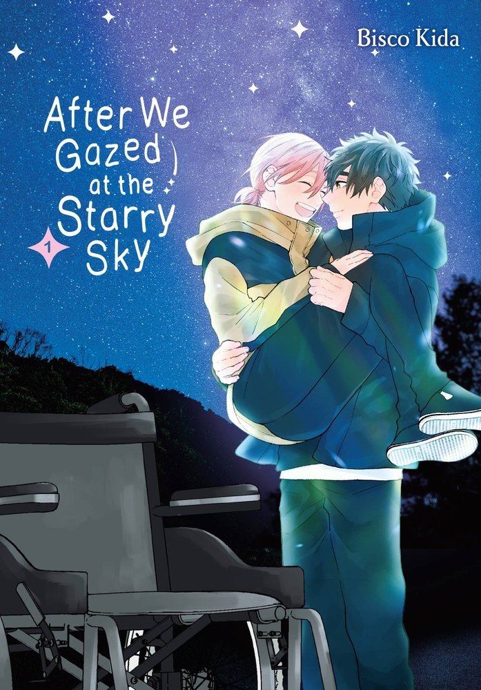 The cover of After We Gazed at the Starry Sky by Bisco Kida depicting a man holding another princess-style. There is a wheelchair in the foreground.