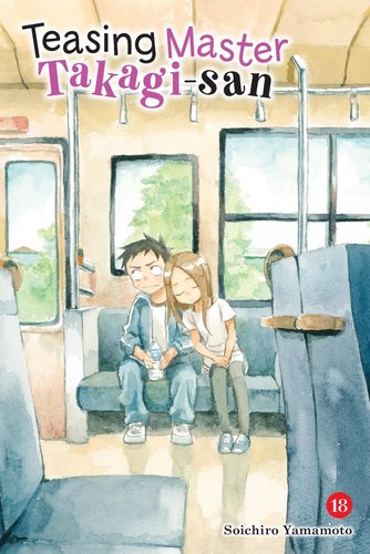 Teasing Master Takagi-san cover, Takagi leaning against Nishikatas's shoulder on the bus.