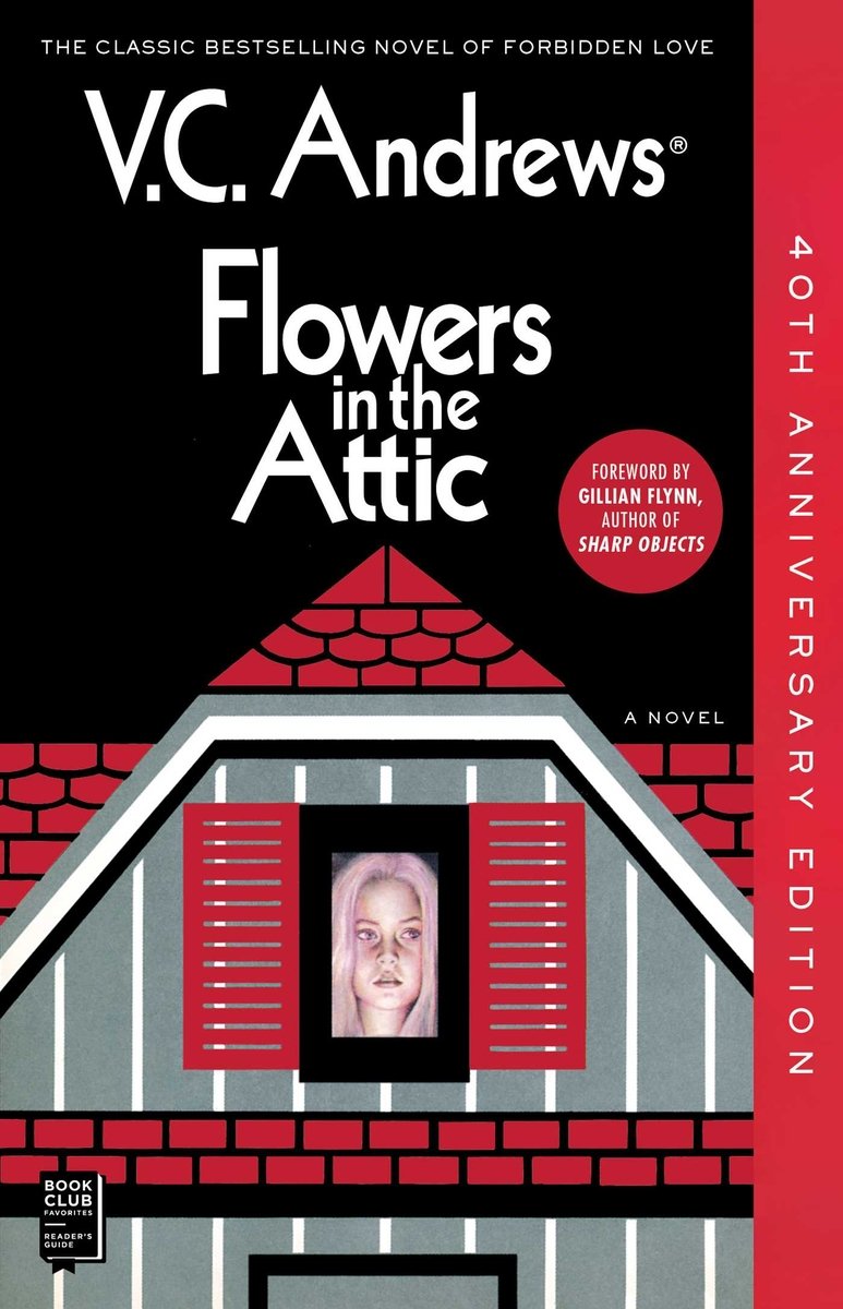The red and gray roof of a house is the foreground of the cover. There's a woman's face peeking from a top window with open shutters. The title and author's name sit atop the peak of the roof in white letters.