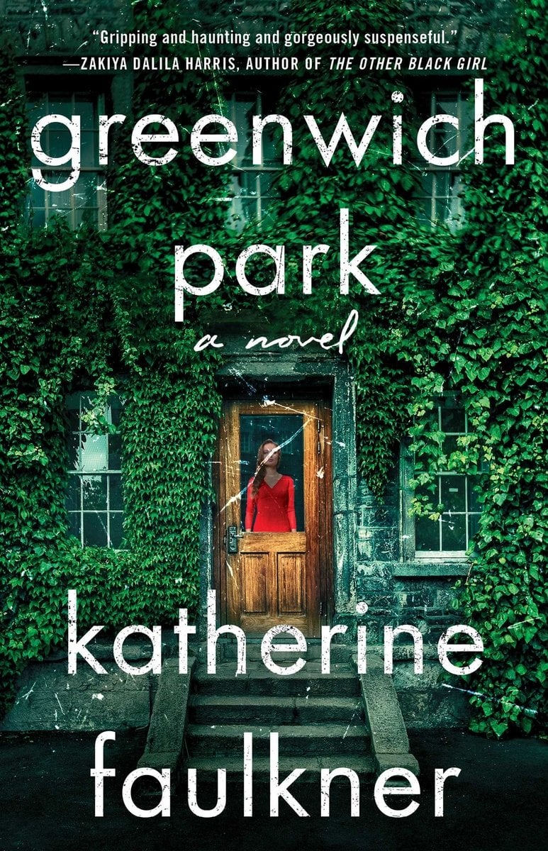 Greenwich Park by Katherine Faulkner book cover features a richly atmospheric image of a grand Victorian townhouse almost entirely covered in lush green ivy. At the center of the scene, a woman in a vivid red coat stands framed in the doorway, her figure providing a sharp, striking contrast to the deep greens surrounding her. The title, greenwich park, appears in clean, lowercase white letters across the ivy, lending the design an understated yet modern elegance. Beneath it, the author’s name, Katherine Faulkner, is printed in smaller white text, allowing the imagery to dominate.