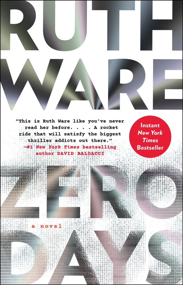 Zero Days by Ruth Ware featuring the title against a white and black dotted background on the bottom and the author on the top in big shiny black letters.