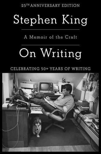 upper corner is the author's name and title of the memoir: "Stephen King, A memoir of the craft on writing" and in the bottom of the cover is a picture of Stephen King in his office writing on a piece of paper and a corgi underneath his chair.