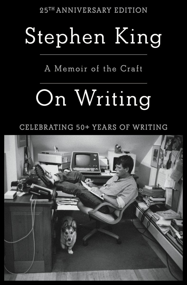 On Writing: A Memoir of the Craft by Stephen King, a memoir book cover featuring a black and white photo of a young Stephen King in his writing area with a dog. The title and author's name in a black square above the photo.