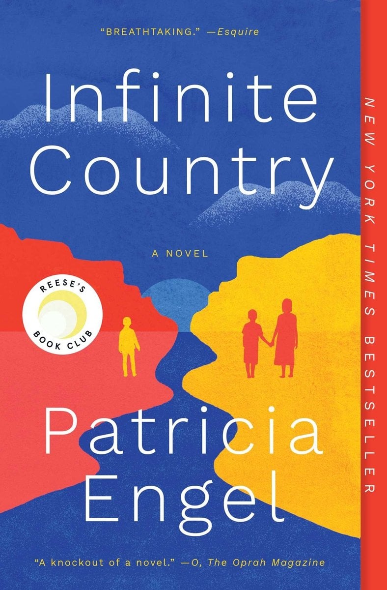 Infinite Country by Patricia Engel, a book cover depicting silhouettes of characters standing on two land masses: one red, one yellow, separated by blue water