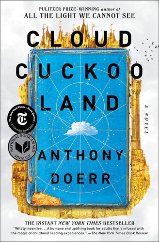 Cloud Cuckoo Land by Anthony Doerr cover; old blue book with a cloud at its center surrounded by a golden city