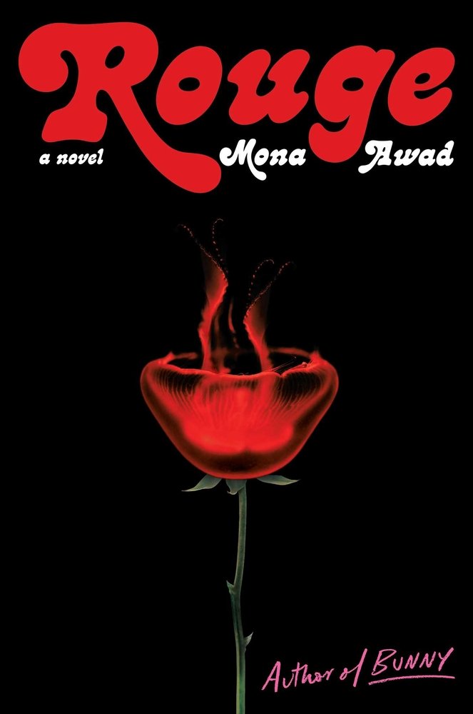 Black book cover of Rouge by Mona Awad with a red makeshift flame rose at the center.