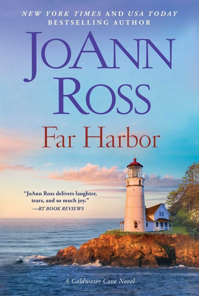 Book cover of Far Harbor by JoAnn Ross. The background of the image is a sky of various shades of blue and purple with orange clouds. A white lighthouse and white house with red roofs sit on a green grass-covered hill with brown rock. The water is dark blue and the author name is is big purple letters.