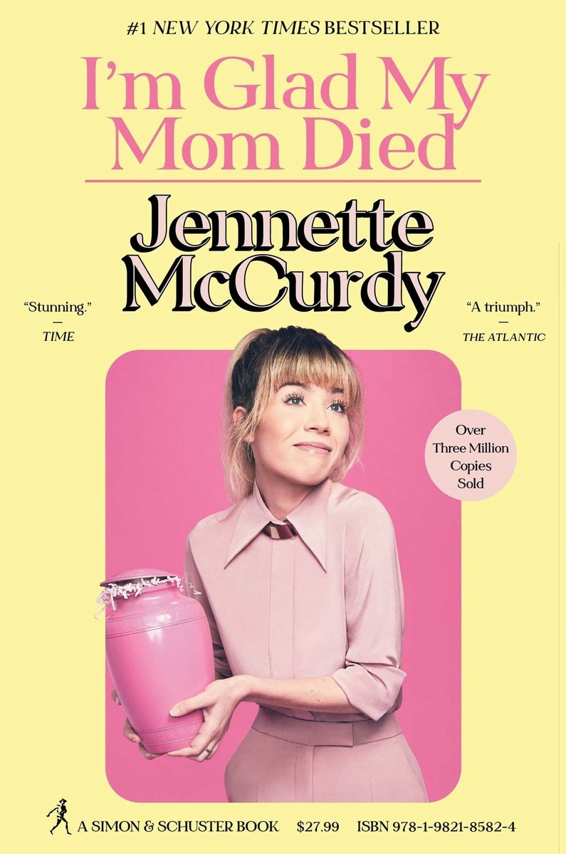 iCarly star Jennette McCurdy is holding an urn with a smile on her face. The background is yellow and pink. There are quotes from reviews on the cover.