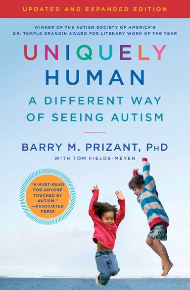 Book cover for Uniquely Human that has two children playing and jumping at the bottom of the cover. The color of the cover is sky blue and the text is in a darker blue. The word Uniquely has different colors for each letter.
