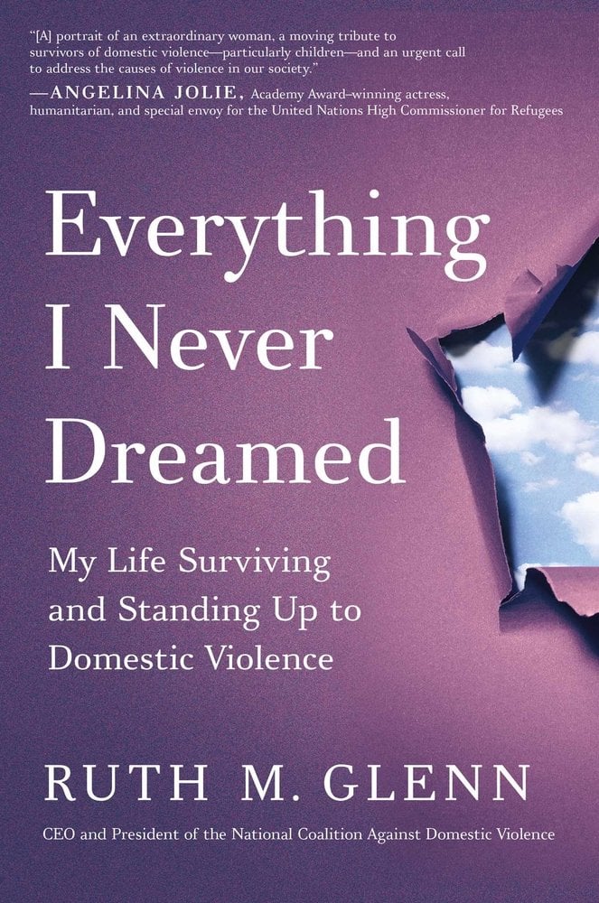 Everything I Never Dreamed: My Life Surviving and Standing Up to Domestic Violence by Ruth M. Glenn book cover featuring a purple paper with a hole at the very right exposing a cloudy sky.