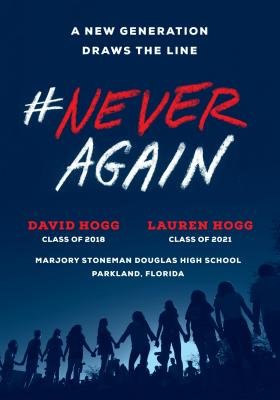 #Never Again, book cover of a dark blue sky with a chain of students holding hands as silhouettes at the bottom.