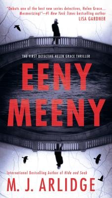 Eeny Meeny by M. J. Arlidge a crime mystery thriller book cover depicting a person standing atop the middle of a bridge with birds fling in the background. This image is mirrored on the top and bottom half.
