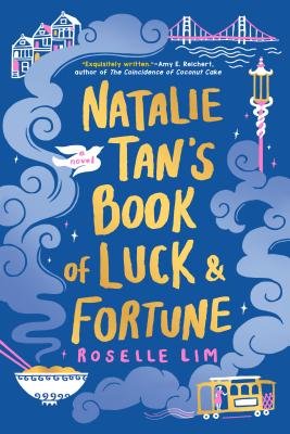 Natalie Tan's Book of Luck & Fortune by Roselle Lim, blue book cover featuring quirky illustrations of noodles and other symbols.