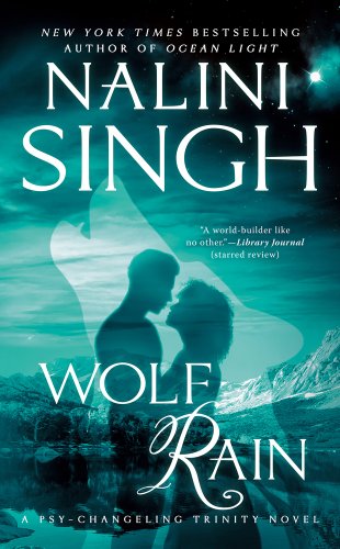 It's a bluish-green cover with the silhouette of a howling wolf. Inside the silhouette are a woman and a man standing close enough to kiss. Mountains and a rocky shore are set in the background.