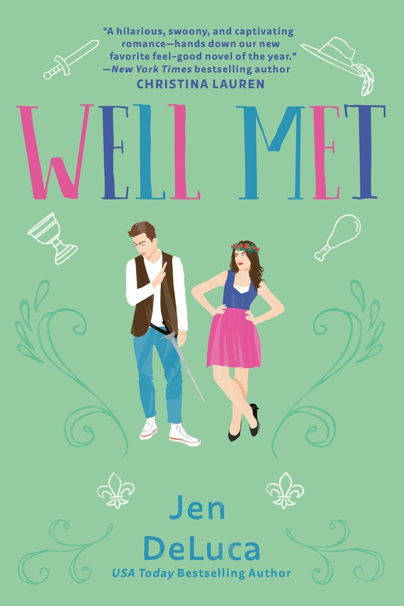 Well Met by Jen DeLuca romance book cover depicting a man and a woman centered on the cover of a light green background surrounded by cartoon outlines of common renaissance faire items