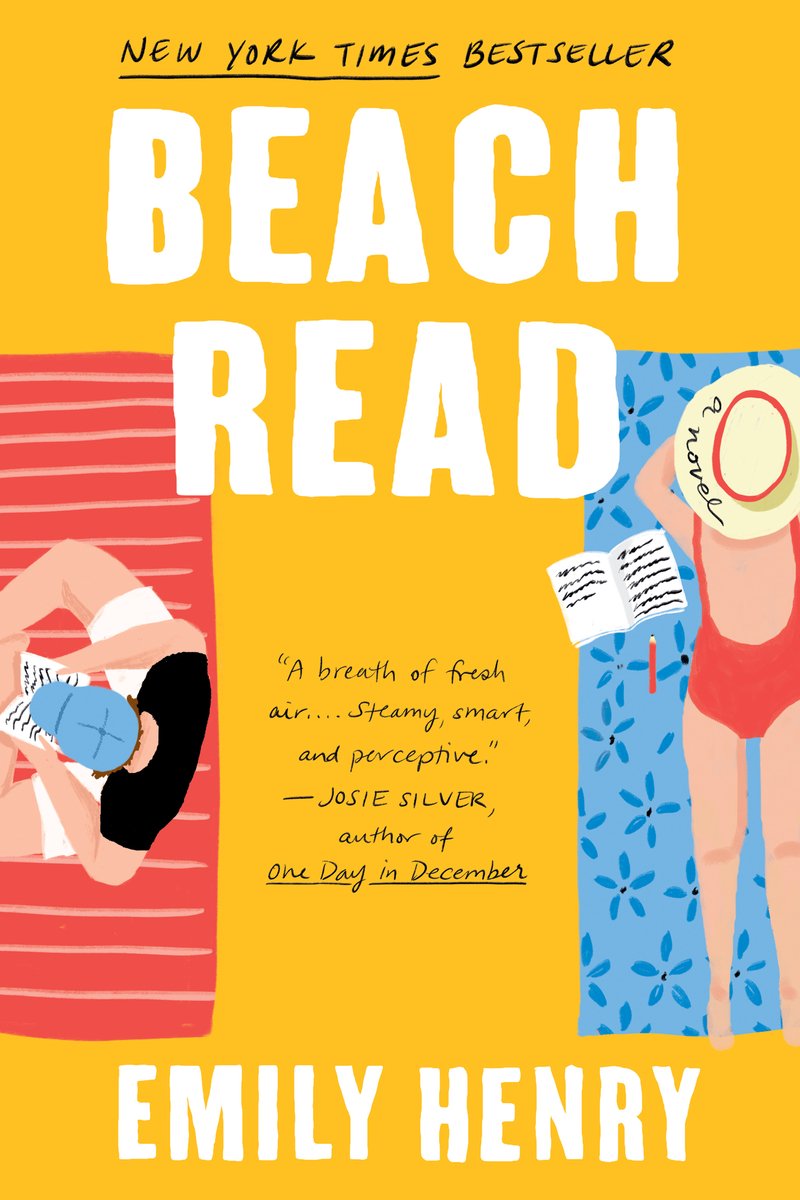 Cover of Beach Read by Emily Henry. Yellow background with a birdseye view of a man reading on a red beach towel on the left side of the cover with a women lay on a blue beach towel with her book open, to the side.