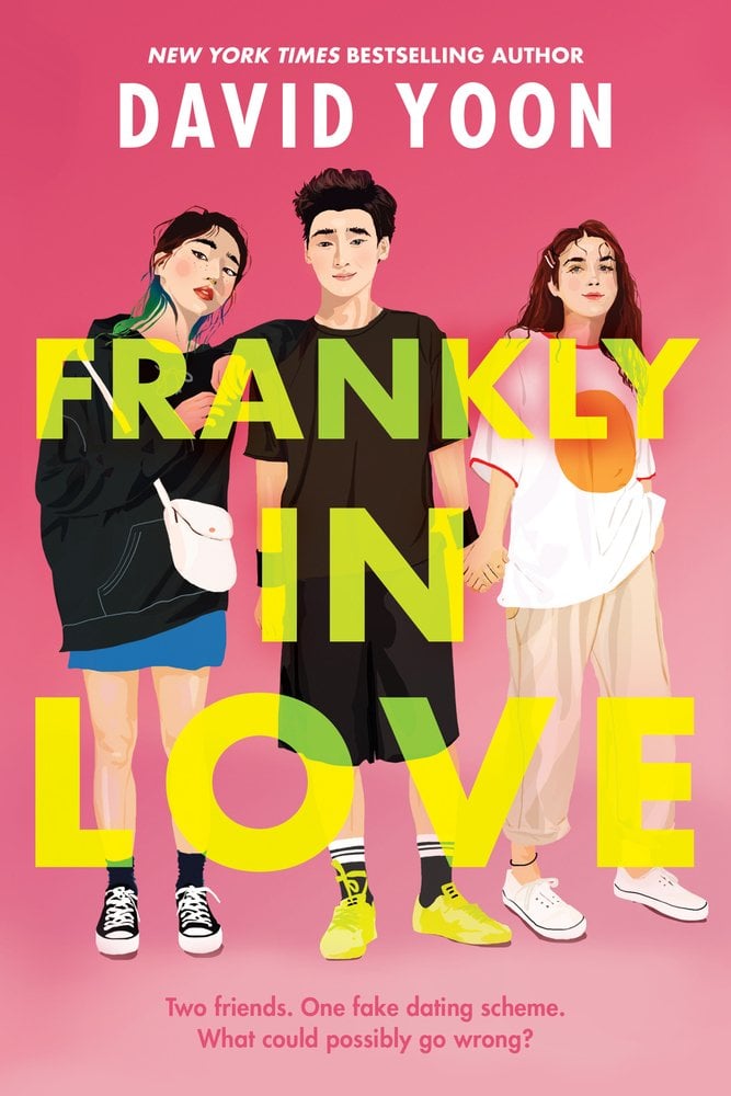 David Yoon's Frankly In Love, with a pale pink background and drawings of three people behind the title in transparent yellow letters, the middle one an Asian American boy