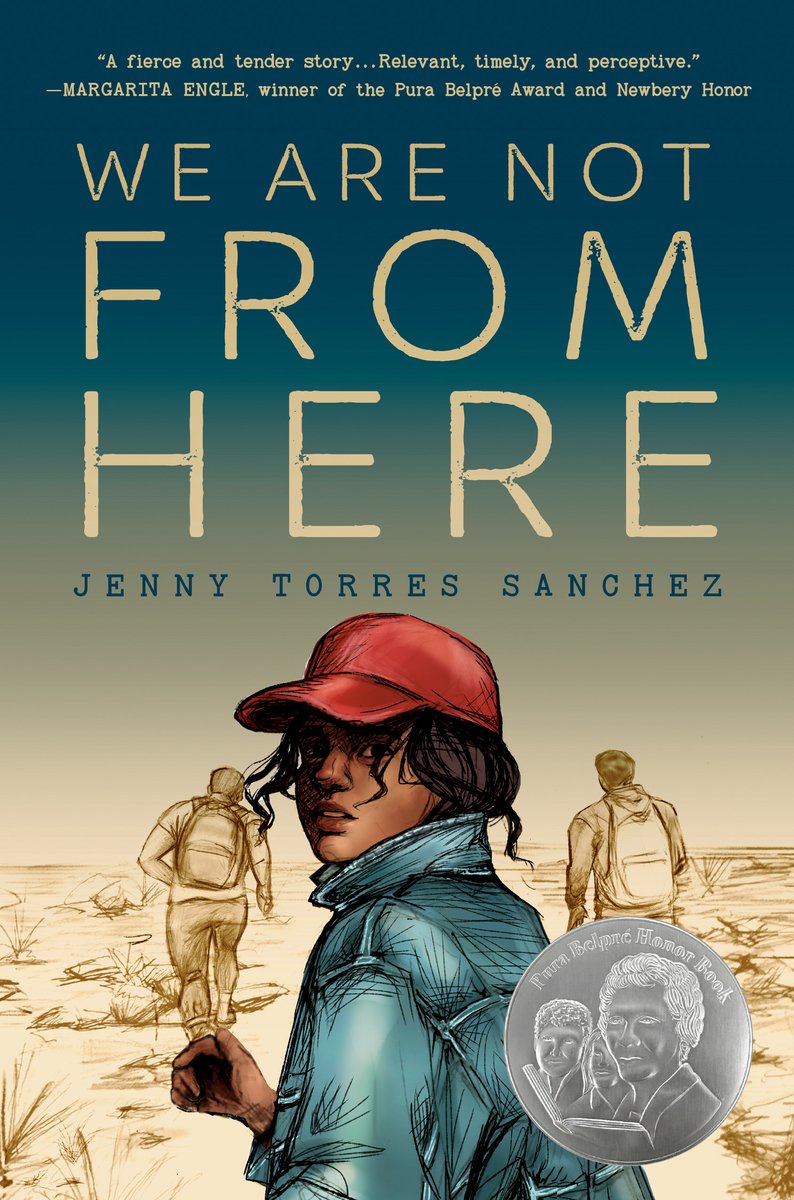 Cover of We Are Not from Here by Jenny Torres Sanchez. A dark haired young person looks over their shoulder at the viewer. They are wearing a blue jean jacket and a red baseball cap. In the background are two other figures with backpacks.