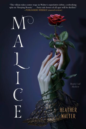 A dark blue book cover that says "Malice" from the top down on the left, and hands clutching a rose on the right.