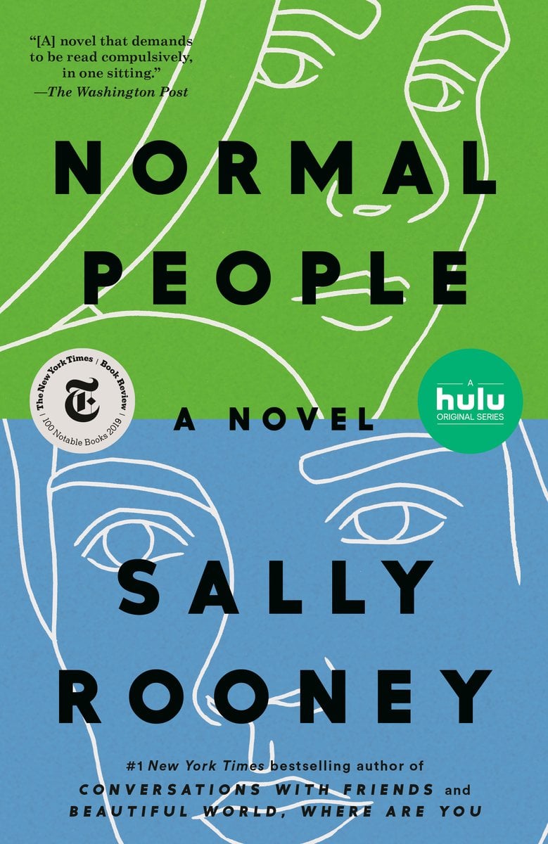Normal People, a novel by Sally Rooney. The top half of the cover is green and the bottom half is blue. There is a white outline of a male and femaile face.