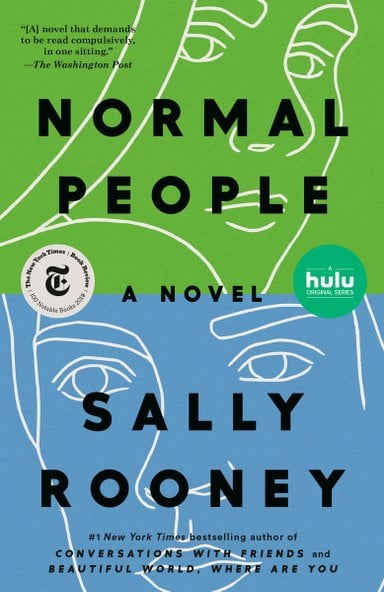 Normal People by Sally Rooney book cover. The top half of the image is bright green and has a woman's face outlined in white line art, while the bottom is blue and has a mans face outlined in the same style.